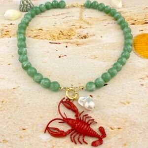 Green Faux Jade Beaded Necklace with Red Lobster Faux Pearl Pendant